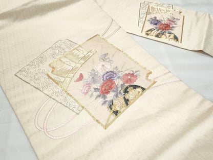 平和屋着物◎九寸名古屋帯 駒刺繍 破れ色紙花車文 銀糸 正絹 逸品 CABB7961fb