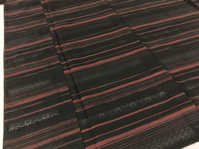 平和屋着物＊夏物 紗紬 横段花文 黒地 正絹 逸品 未使用 BAAW5076hj