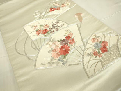 平和屋着物▼太鼓柄袋帯 駒刺繍 総刺繍 扇面花文 銀糸 引箔 正絹 逸品 DABA4263az