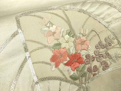平和屋着物▼太鼓柄袋帯 駒刺繍 総刺繍 扇面花文 銀糸 引箔 正絹 逸品 DABA4263az