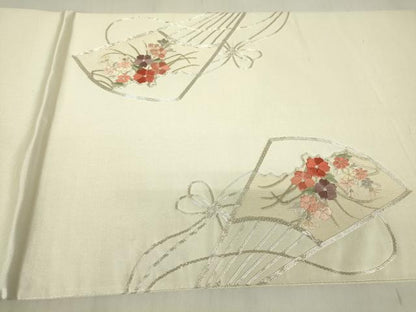 平和屋着物▼太鼓柄袋帯 駒刺繍 総刺繍 扇面花文 銀糸 引箔 正絹 逸品 DABA4263az
