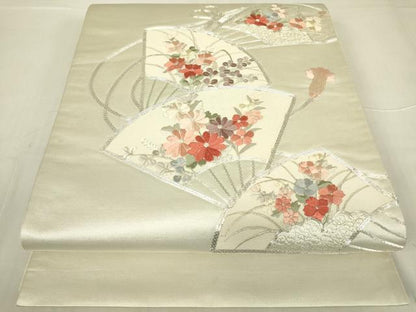 平和屋着物▼太鼓柄袋帯 駒刺繍 総刺繍 扇面花文 銀糸 引箔 正絹 逸品 DABA4263az