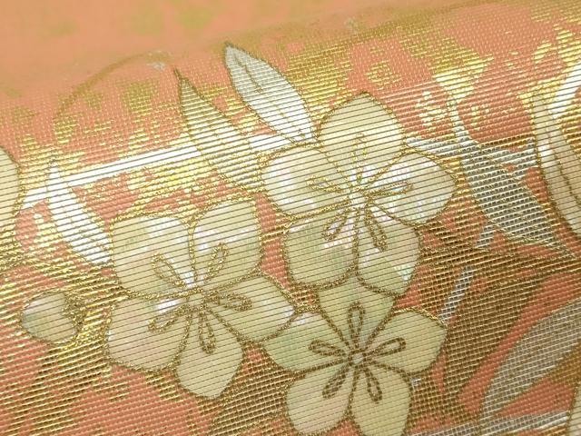 平和屋着物▼太鼓柄袋帯　螺鈿箔　草花文　金銀彩　正絹　逸品　DABA4441az
