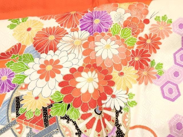 平和屋着物[]七五三　女の子　３歳　祝着　三つ身　孔雀花車文　金彩　逸品　DABA3682ma