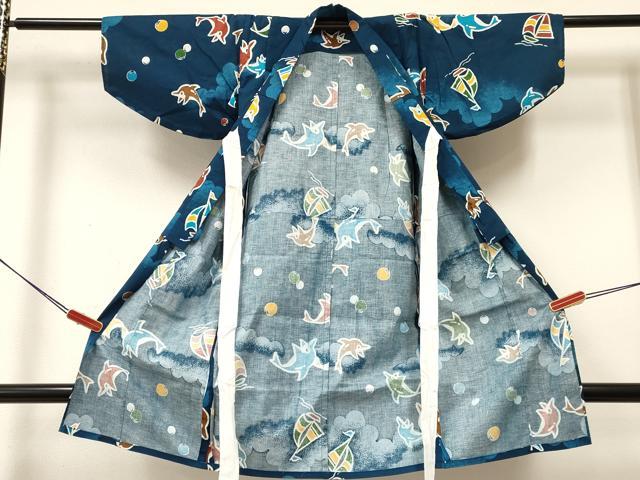 平和屋着物∴夏物 子供 男の子 浴衣 鯆 イルカ 船 綿 DABA3687ma