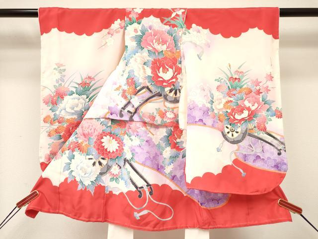 平和屋着物[]七五三　女の子　３歳　祝着　三つ身　花車文　暈し染め　金彩　逸品　DABA3696ma