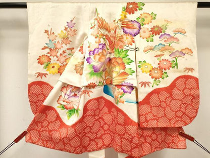平和屋着物[]七五三　女の子　３歳　祝着　三つ身　駒刺繍　絞り　飛鶴花文　金銀彩　逸品　DABA3699ma