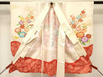 平和屋着物[]七五三　女の子　３歳　祝着　三つ身　駒刺繍　絞り　飛鶴花文　金銀彩　逸品　DABA3699ma