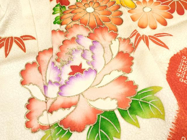 平和屋着物[]七五三　女の子　３歳　祝着　三つ身　駒刺繍　絞り　飛鶴花文　金銀彩　逸品　DABA3699ma