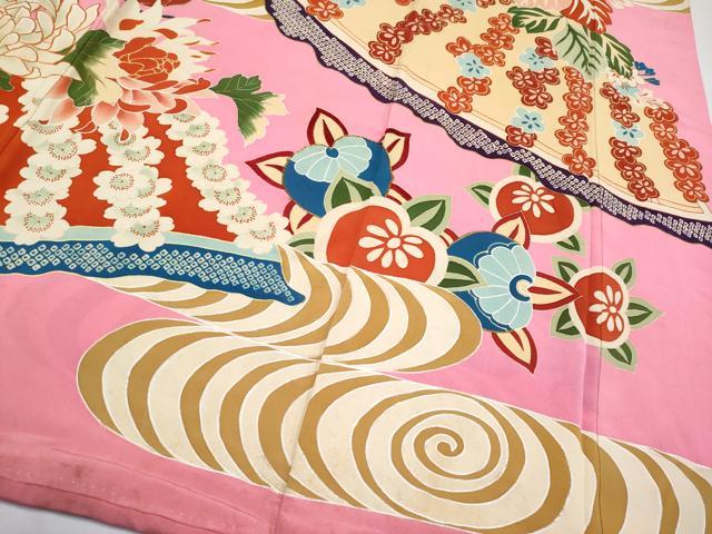 平和屋本店●極上　アンティーク　大正ロマン　振袖　駒刺繍　花笠　金彩　桃色地　逸品　CYAA4433s6