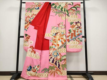 平和屋本店●極上　アンティーク　大正ロマン　振袖　駒刺繍　花笠　金彩　桃色地　逸品　CYAA4433s6