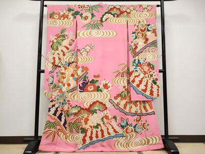 平和屋本店●極上　アンティーク　大正ロマン　振袖　駒刺繍　花笠　金彩　桃色地　逸品　CYAA4433s6