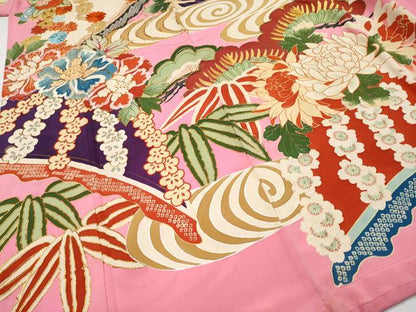 平和屋本店●極上　アンティーク　大正ロマン　振袖　駒刺繍　花笠　金彩　桃色地　逸品　CYAA4433s6