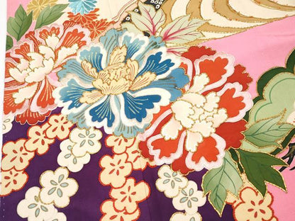 平和屋本店●極上　アンティーク　大正ロマン　振袖　駒刺繍　花笠　金彩　桃色地　逸品　CYAA4433s6