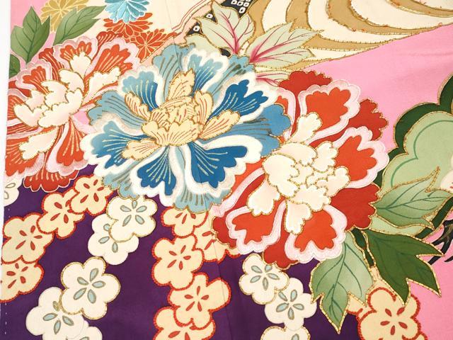 平和屋本店●極上　アンティーク　大正ロマン　振袖　駒刺繍　花笠　金彩　桃色地　逸品　CYAA4433s6