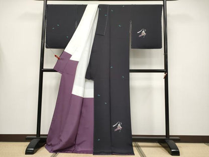平和屋本店●極上　世界的人形師　辻村寿三郎　ジュサブロー　訪問着　兎　伊と幸　黒紅色地　反端付き　逸品　未使用　CYAA4442s6