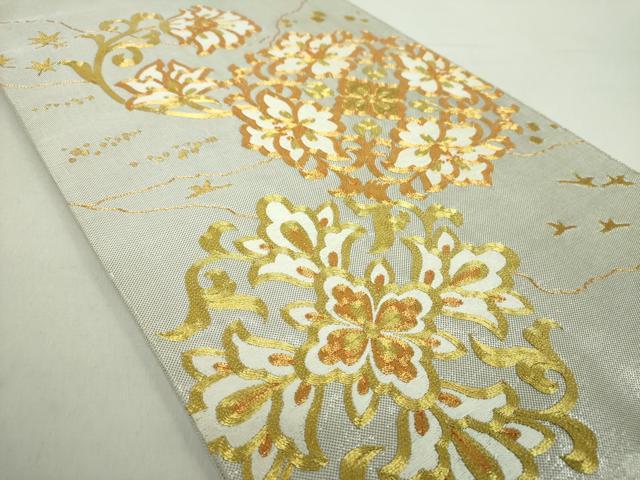 平和屋着物●西陣　川島織物　太鼓柄袋帯　駒刺繍　総刺繍　更紗花鳥文　金銀糸　正絹　逸品　DABA1979ps 平和屋着物＊夏物 太鼓柄袋帯 駒刺繍 総刺繍 草葉文 銀糸 正絹 逸品