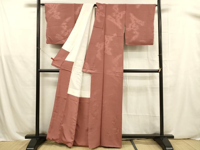 平和屋着物■上質な色無地 枝葉地紋 臙脂色 正絹 逸品 DABB3366cm