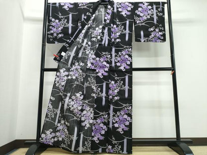 平和屋着物∴夏物 浴衣 草花文 黒地 綿 逸品 CABB6556ng
