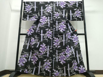 平和屋着物∴夏物 浴衣 草花文 黒地 綿 逸品 CABB6556ng