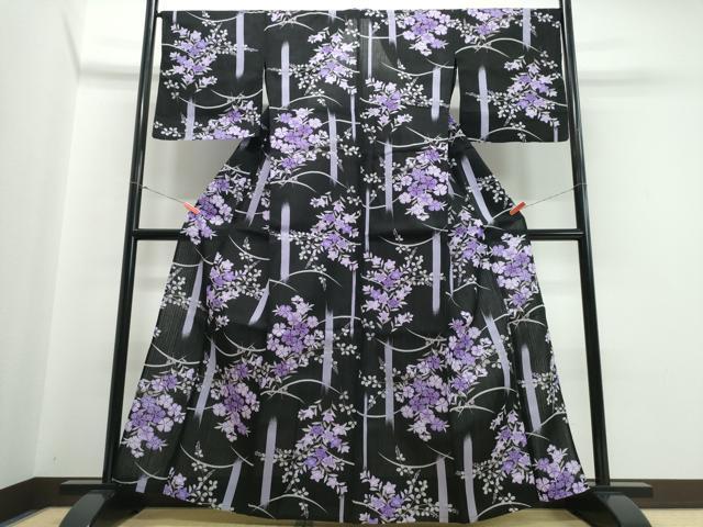 平和屋着物∴夏物 浴衣 草花文 黒地 綿 逸品 CABB6556ng