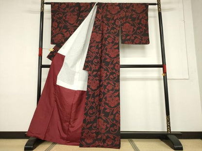 平和屋着物●上質な小紋　紬地　花唐草文　黒地　正絹　逸品　AABF1768ck