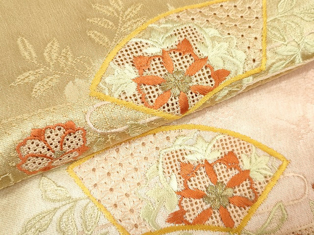 平和屋着物●和装小物 帯締め・帯揚げセット　中国三大刺繍 スワトウ刺繍 汕頭刺繍　霞地紙花文　手組紐　金糸　逸品　未使用　DABA7677zzz