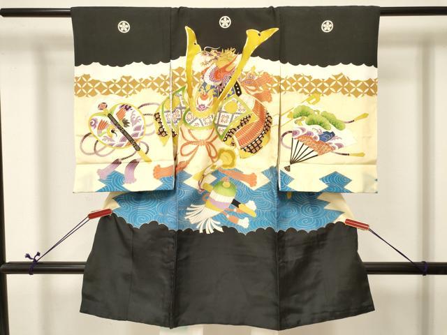 平和屋着物[]お宮参り　男の子　祝着　産着　初着　のしめ　駒刺繍　龍　兜　纏　扇面松文　金彩　逸品　DABA3725ma