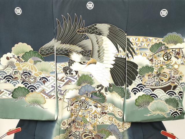 平和屋着物[]お宮参り　男の子　祝着　産着　初着　のしめ　駒刺繍　鷹　鷲　宝船　暈し染め　金彩　逸品　DABA3721ma