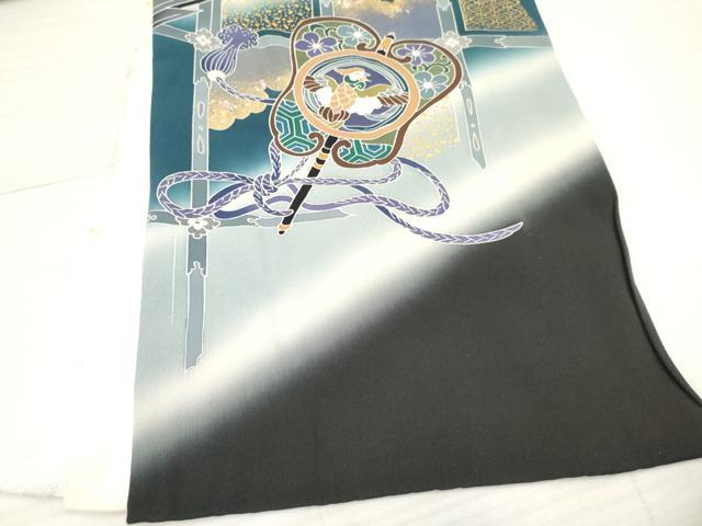 平和屋着物[]お宮参り　男の子　祝着　産着　初着　のしめ　鷹　鷲　扇面吉祥文　暈し染め　金銀彩　逸品　DABA3722ma