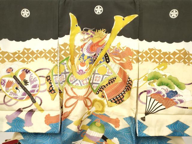 平和屋着物[]お宮参り　男の子　祝着　産着　初着　のしめ　駒刺繍　龍　兜　纏　扇面松文　金彩　逸品　DABA3725ma