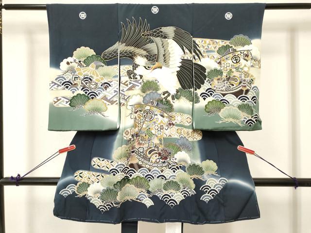 平和屋着物[]お宮参り　男の子　祝着　産着　初着　のしめ　駒刺繍　鷹　鷲　宝船　暈し染め　金彩　逸品　DABA3721ma
