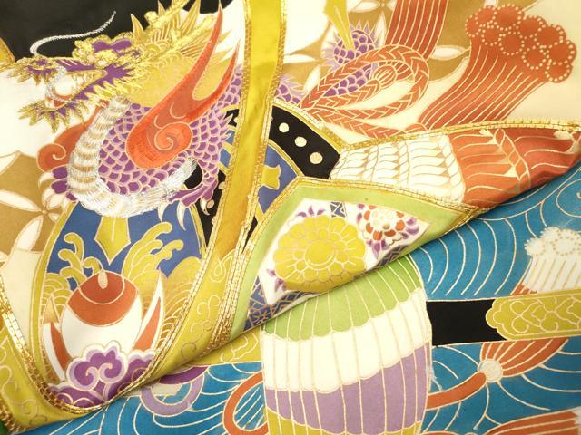 平和屋着物[]お宮参り　男の子　祝着　産着　初着　のしめ　駒刺繍　龍　兜　纏　扇面松文　金彩　逸品　DABA3725ma