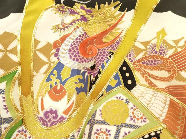 平和屋着物[]お宮参り　男の子　祝着　産着　初着　のしめ　駒刺繍　龍　兜　纏　扇面松文　金彩　逸品　DABA3725ma