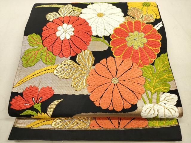 平和屋着物◎六通柄袋帯　唐織　エ霞花文　黒地　金銀糸　正絹　逸品　DABA8387xg