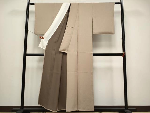 平和屋着物▽極上 お召 単衣 色無地 葡萄唐草地紋 白茶色地 逸品 CYAA4478s6