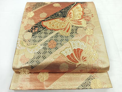 平和屋着物◎六通柄袋帯　吉祥舞蝶花文　黒地　金糸　正絹　逸品　CABC1711nb