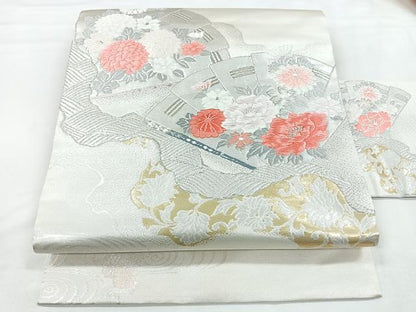 平和屋着物◎九寸名古屋帯　唐織り　檜扇花文　本金箔　正絹　逸品　CABC1699nb