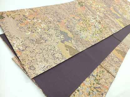 平和屋着物◎六通柄袋帯　草花文　金糸　正絹　逸品　CABC1707nb