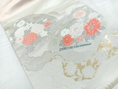 平和屋着物◎九寸名古屋帯　唐織り　檜扇花文　本金箔　正絹　逸品　CABC1699nb