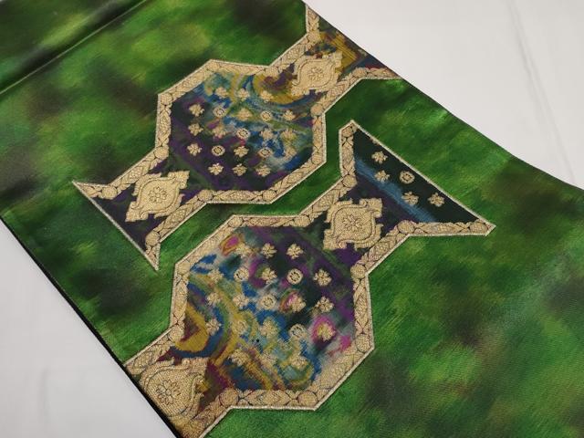 平和屋着物◎太鼓柄袋帯 幾何学花文 金糸 正絹 逸品 AABF3430iu