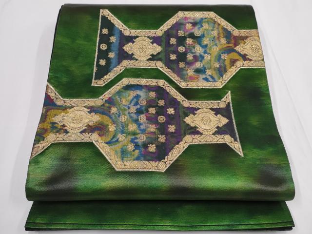 平和屋着物◎太鼓柄袋帯 幾何学花文 金糸 正絹 逸品 AABF3430iu