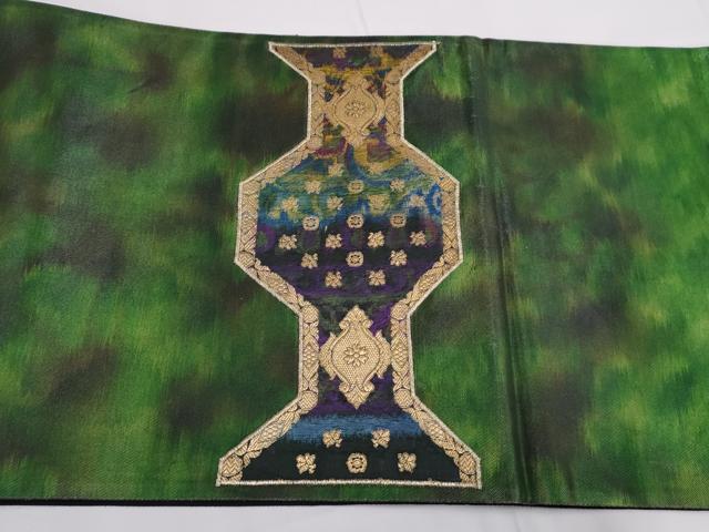 平和屋着物◎太鼓柄袋帯 幾何学花文 金糸 正絹 逸品 AABF3430iu