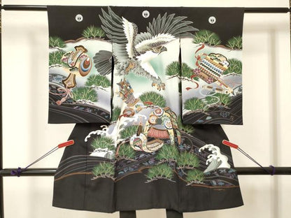 平和屋着物[]お宮参り　男の子　祝着　産着　初着　のしめ　鷹　鷲　松　吉祥文　暈し染め　金彩　逸品　DABA3760ma