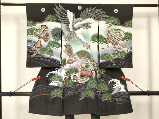 平和屋着物[]お宮参り　男の子　祝着　産着　初着　のしめ　鷹　鷲　松　吉祥文　暈し染め　金彩　逸品　DABA3760ma