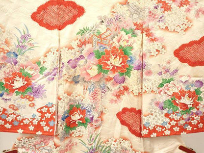 平和屋着物[]お宮参り　女の子　祝着　産着　初着　のしめ　駒刺繍　絞り　御所車牡丹花文　暈し染め　金彩　逸品　DABA3762ma