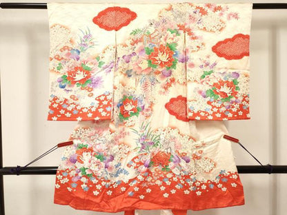 平和屋着物[]お宮参り　女の子　祝着　産着　初着　のしめ　駒刺繍　絞り　御所車牡丹花文　暈し染め　金彩　逸品　DABA3762ma