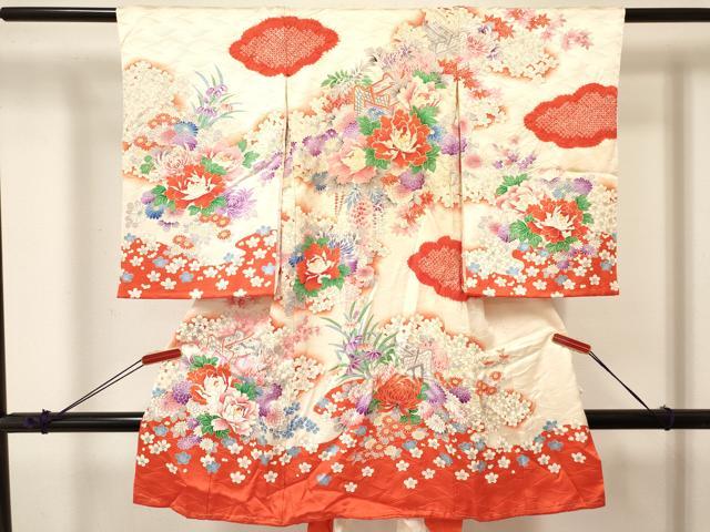 平和屋着物[]お宮参り　女の子　祝着　産着　初着　のしめ　駒刺繍　絞り　御所車牡丹花文　暈し染め　金彩　逸品　DABA3762ma
