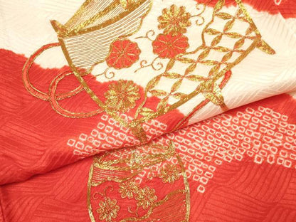 平和屋着物[]お宮参り　女の子　祝着　産着　初着　のしめ　駒刺繍　絞り　糸車花文　逸品　DABA3770ma
