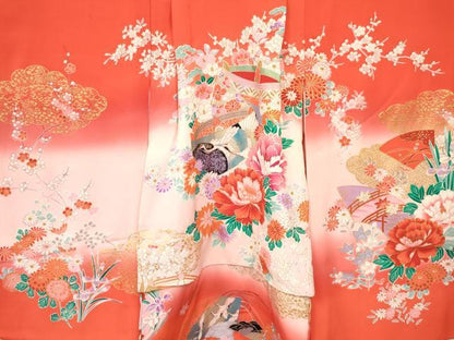 平和屋着物[]お宮参り　女の子　祝着　産着　初着　のしめ　糸車　檜扇飛鶴花文　暈し染め　金銀彩　逸品　DABA3771ma